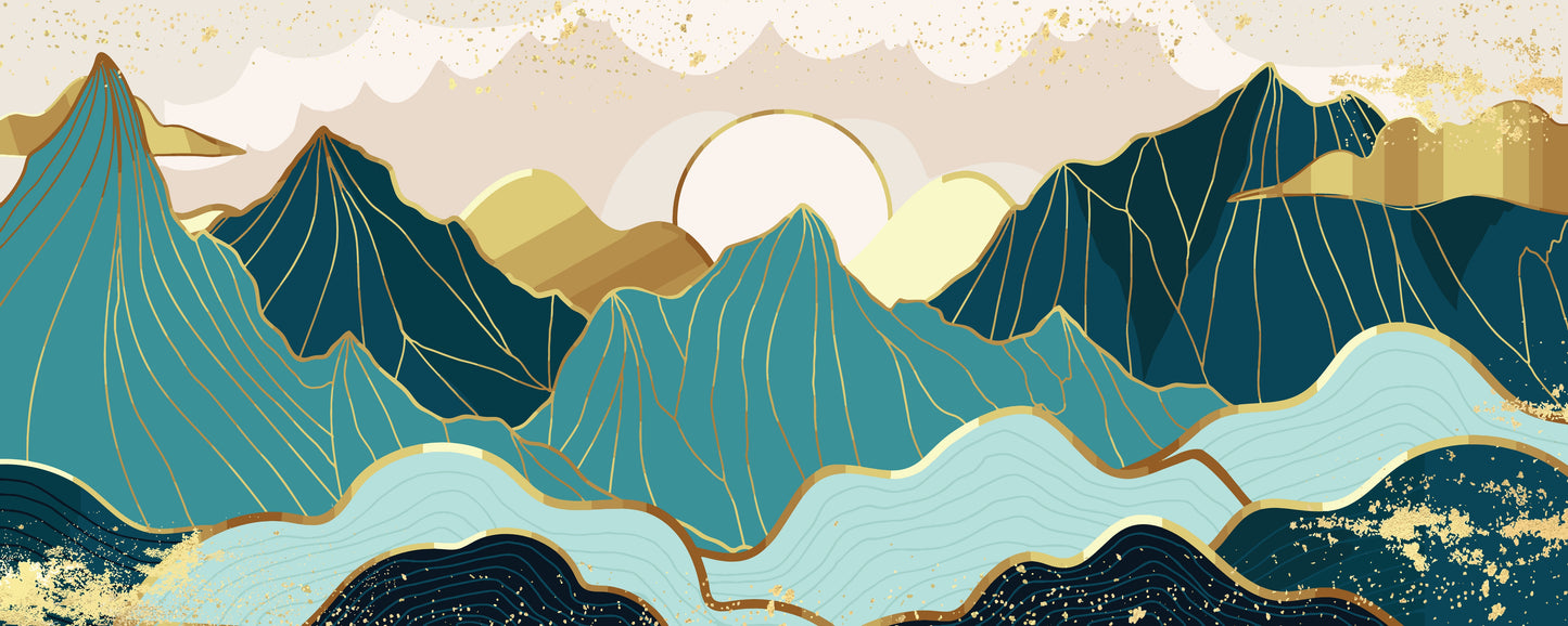Decorative design of stylized mountains with a sun in the center, featuring blue, green, and gold colors.