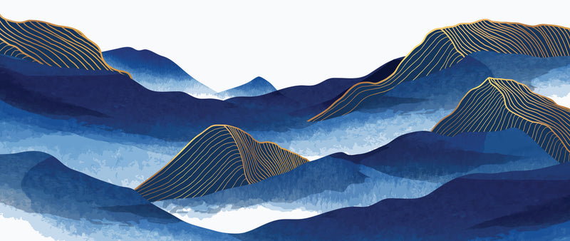 Artistic depiction of blue mountains with gold outlines on a white background