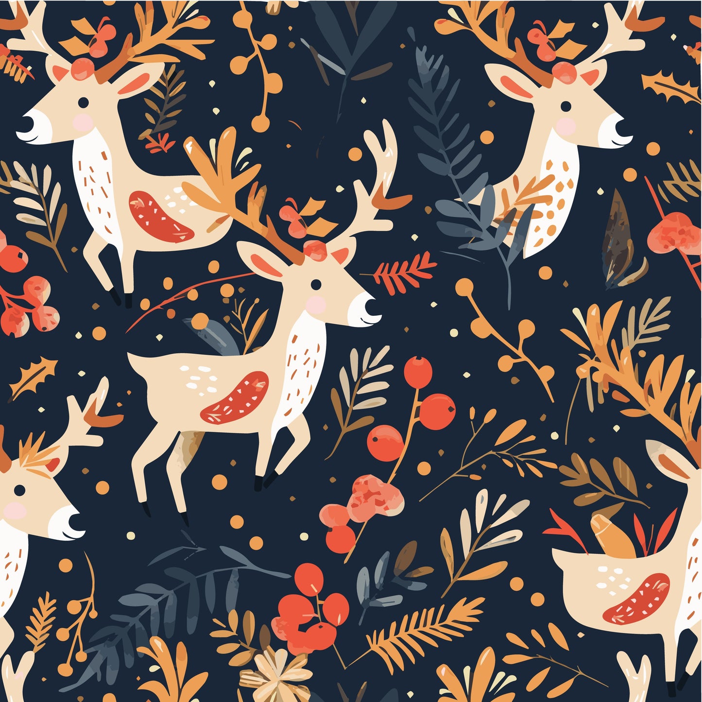 Pattern of deer and foliage on a dark blue background