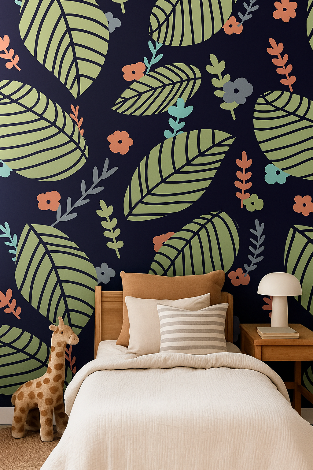Bedroom with colorful leaf patterned wallpaper, bed, and nightstand.