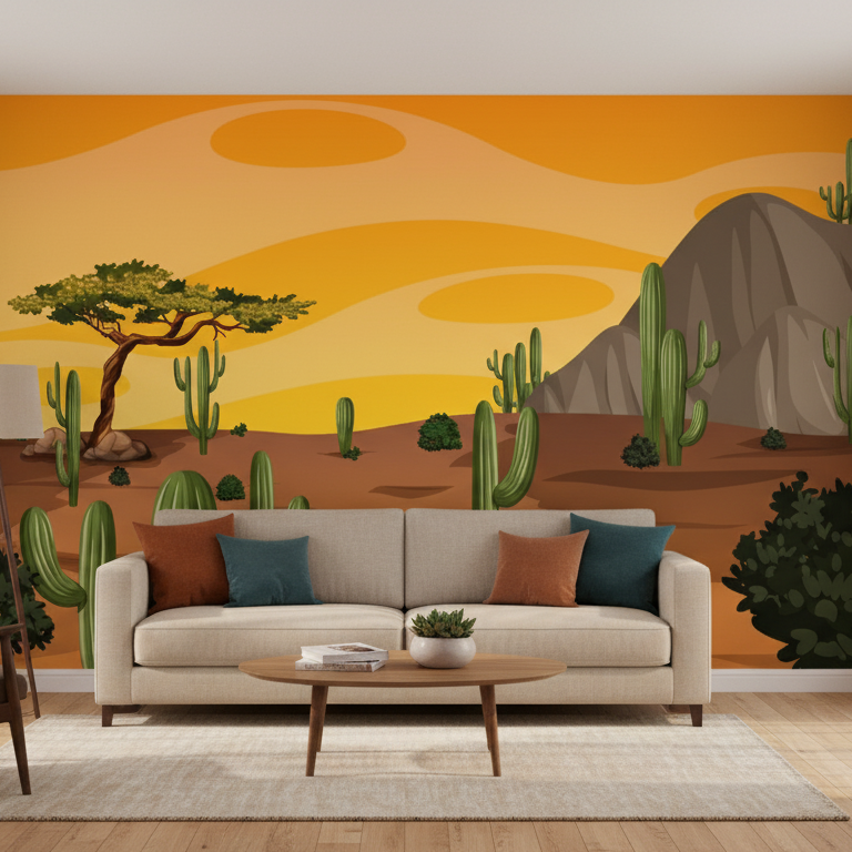 Living room with a desert mural on the wall, featuring a sofa, armchair, and coffee table.