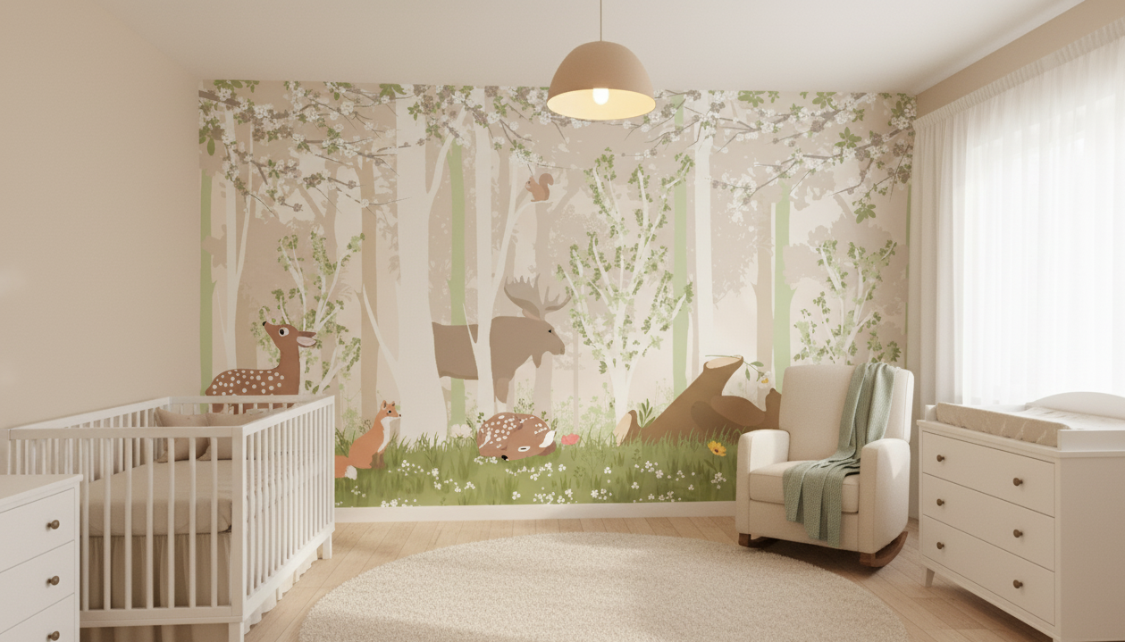 Nursery room with forest mural, crib, and changing table.