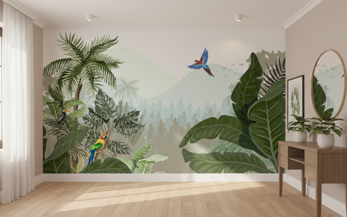 Room interior with a wall mural of tropical plants and birds.
