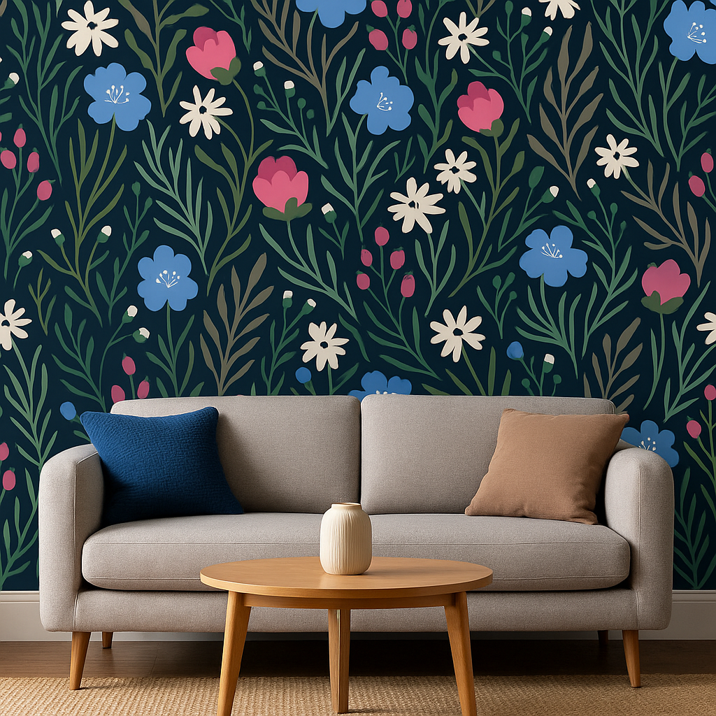 Gray sofa with decorative pillows against a floral-patterned wall.