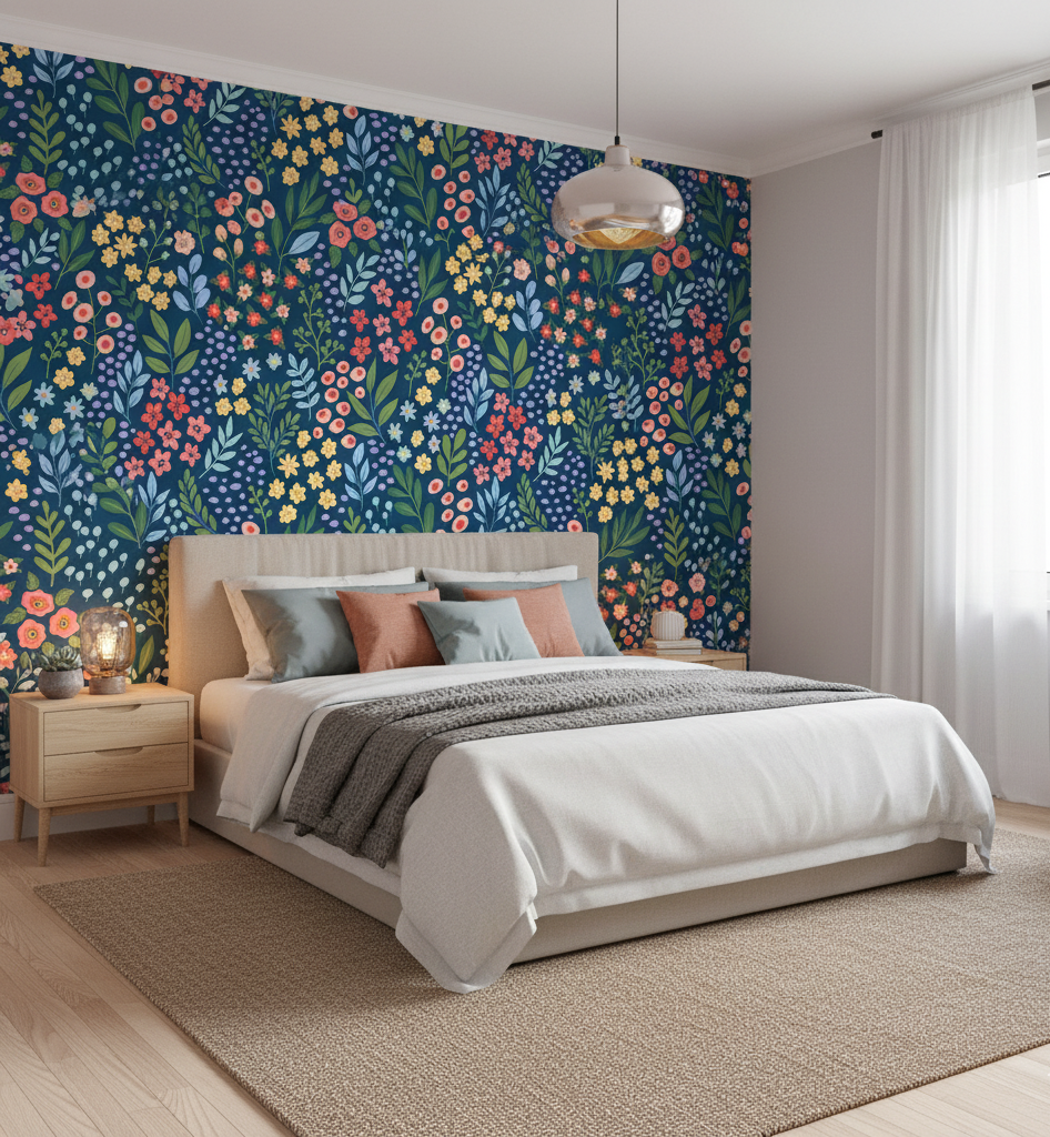 Modern bedroom with floral wall mural, bed, and side tables.
