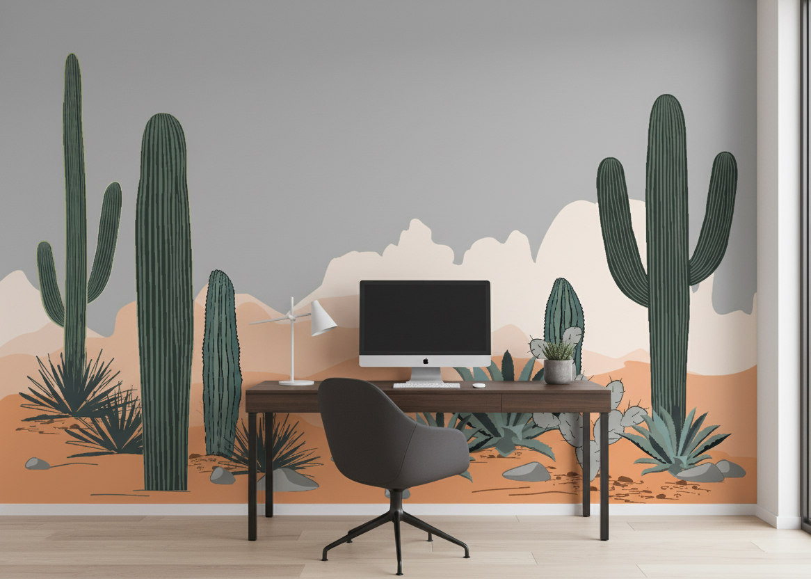 Modern office setup with a desk, chair, and computer against a wall with cactus mural.