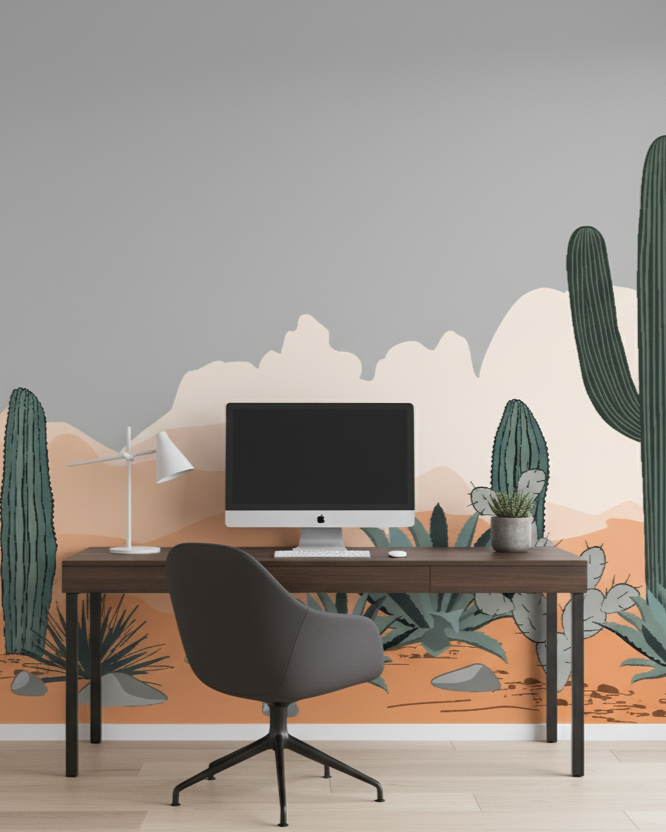 Modern Desert Landscape Wall Mural with Cactus and Agave Plants