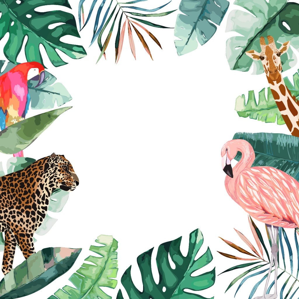 Tropical animals and leaves on a white background
