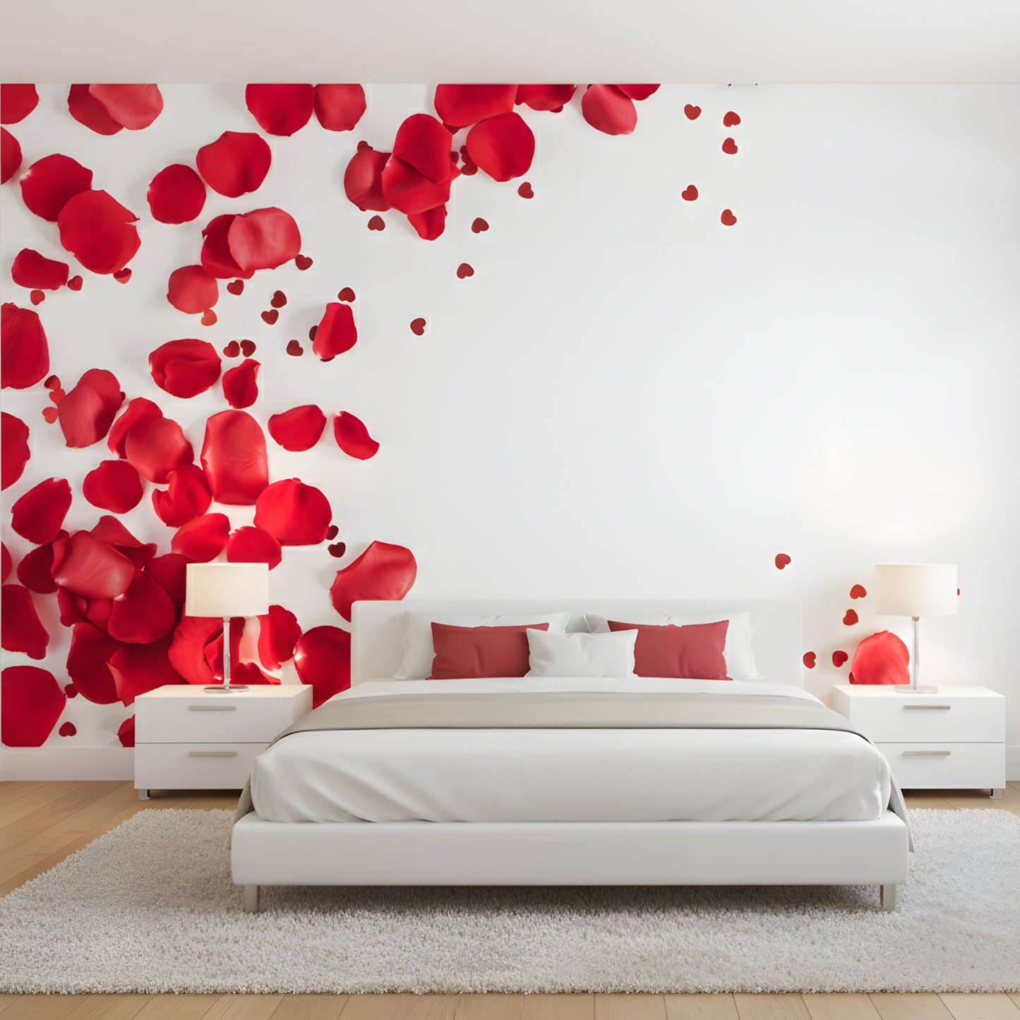 Modern bedroom with a large wall mural of red rose petals.