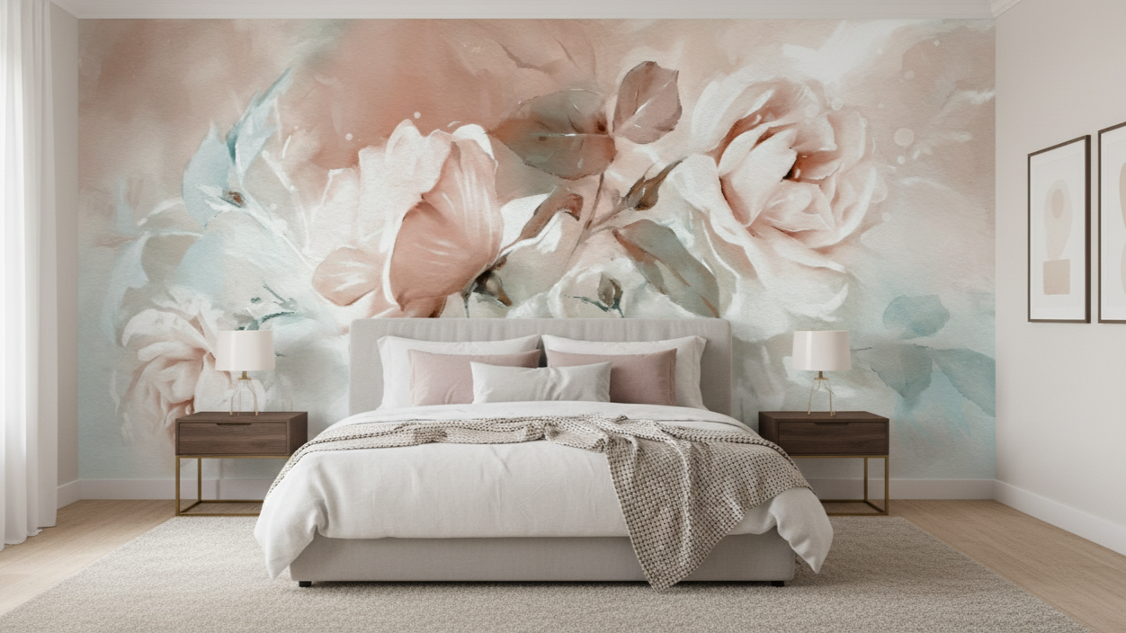 Modern bedroom with floral wall mural and matching decor