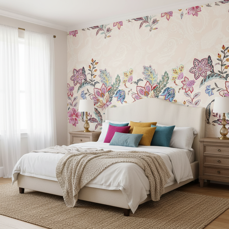 Bedroom with floral wall design, colorful pillows, and wooden nightstands.