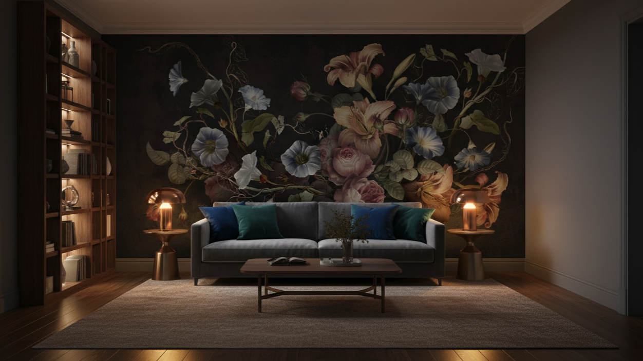 Modern living room with a large floral mural on the wall, a sofa, and decorative elements.