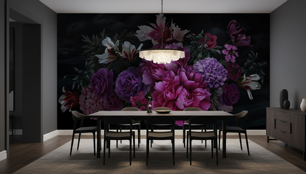 Dining room with a large floral mural on the wall