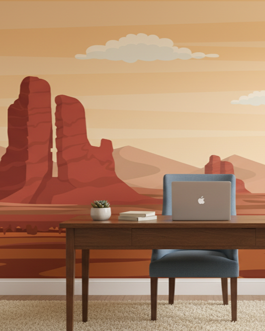 Room interior with a desk and wall mural of a desert landscape with red rock formations.