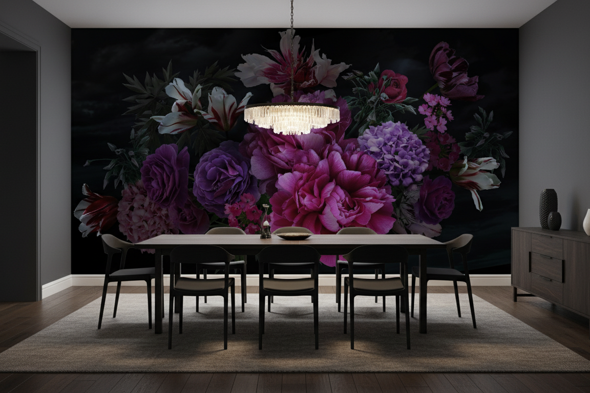 Dining room with a large floral mural on the wall