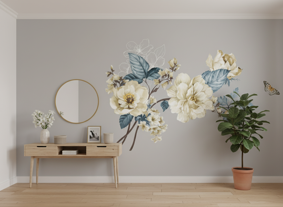 Room interior with floral wall decal, wooden console table, and potted plant.