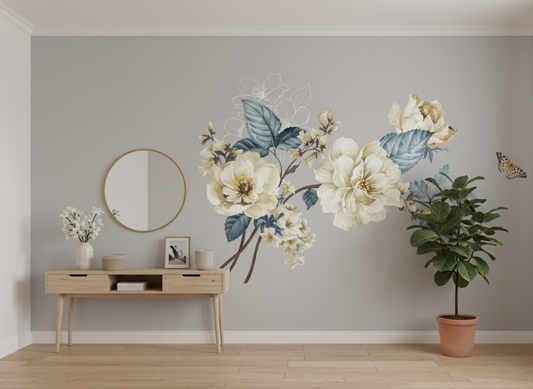 Room interior with floral wall decal, wooden console table, and potted plant.