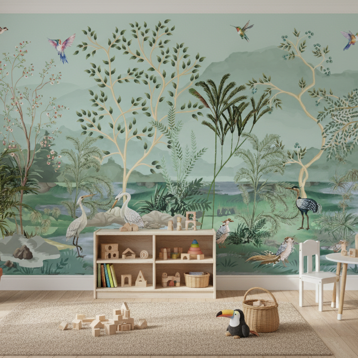 Ethereal Nature Scene Mural, Playful Heron and Toucan Décor