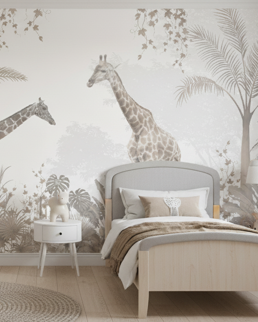Gentle Giraffe Safari Mural, Neutral Tone Kids Room Wall Art