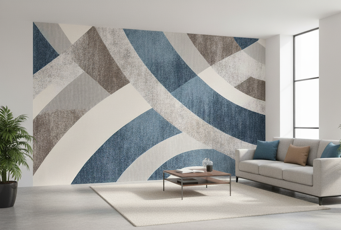 Abstract Geometric Arc Mural, Modern Blue & Grey Swirl Wall Covering