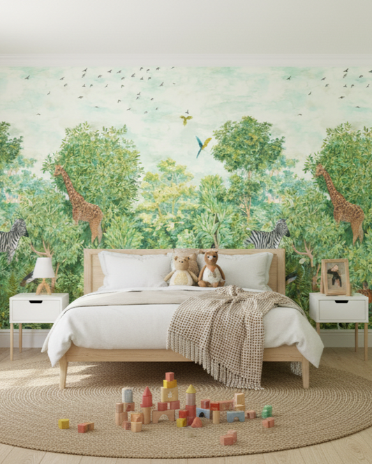 Children's bedroom with jungle-themed wallpaper, bed, and toys.