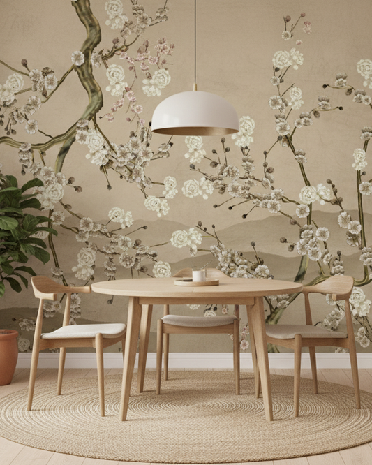 Dining area with wooden table and chairs against a floral wallpaper.