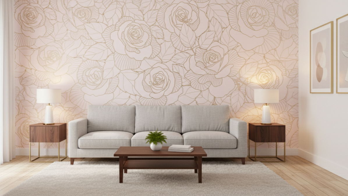 Living room with a gray sofa, coffee table, and decorative wall patterns.
