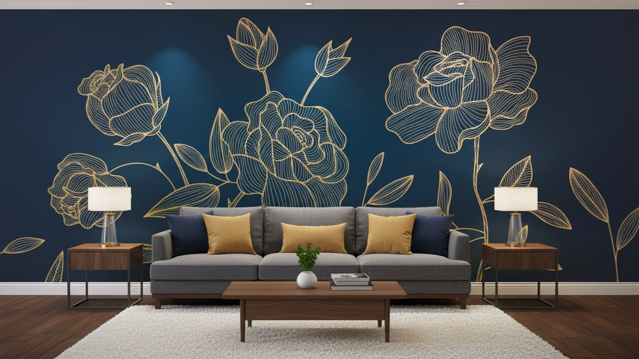 Modern living room with a floral wall mural, gray sofa, and wooden coffee table.