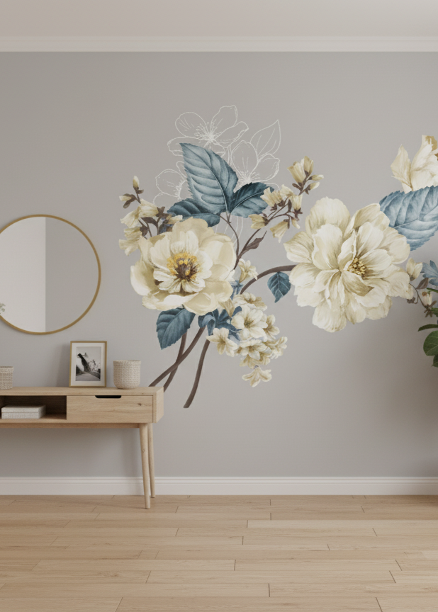 Room interior with floral wall decal, wooden console table, and potted plant.