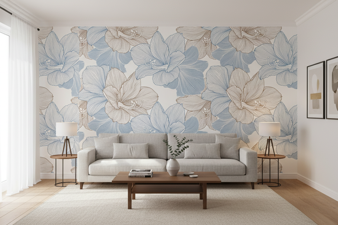 Living room with floral wallpaper, gray sofa, and wooden coffee table.