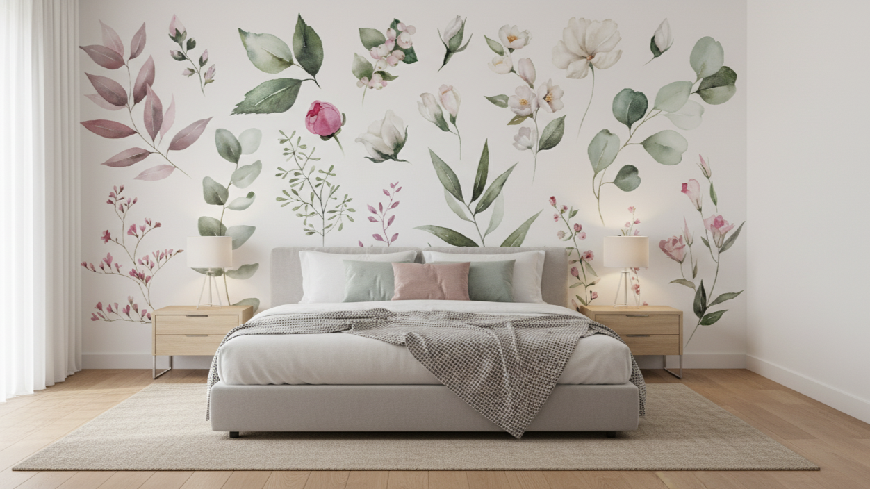 Bedroom with floral wall mural and wooden furniture