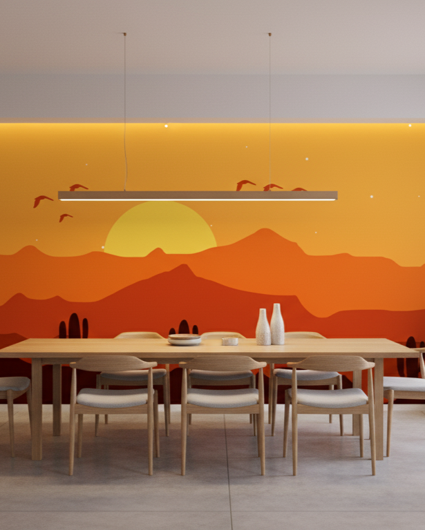 Modern dining room with a sunset mural on the wall