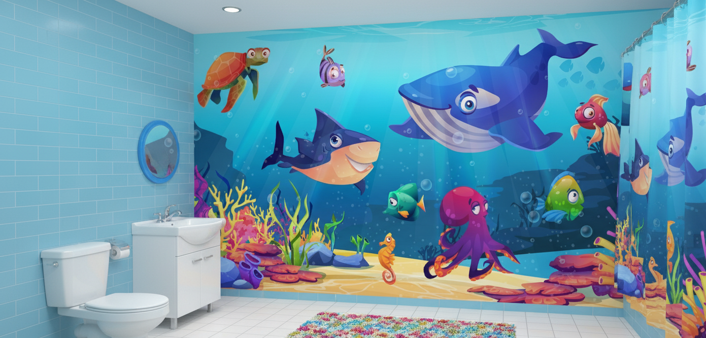Colorful underwater-themed mural in a bathroom with various sea creatures and plants.