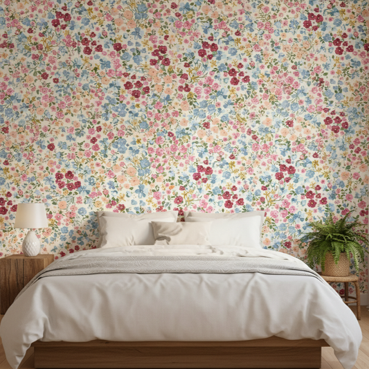 Bedroom with floral wallpaper and wooden bed