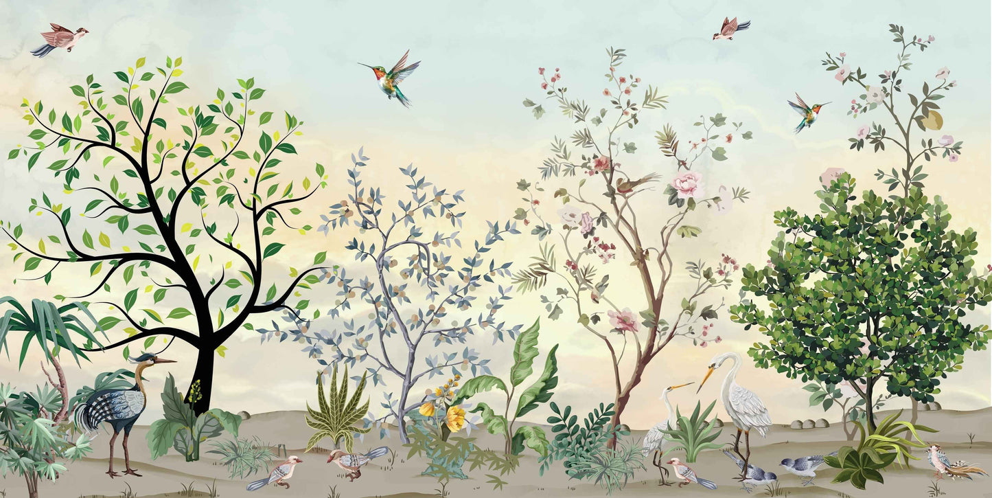 Whimsical Chinoiserie Wall Mural, Hummingbird and Floral Décor