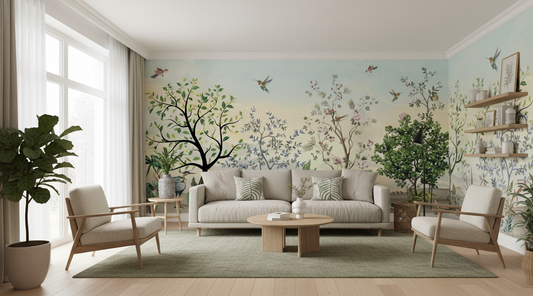 Living room with a large wall mural of trees and birds, featuring a sofa, chairs, and decorative elements.