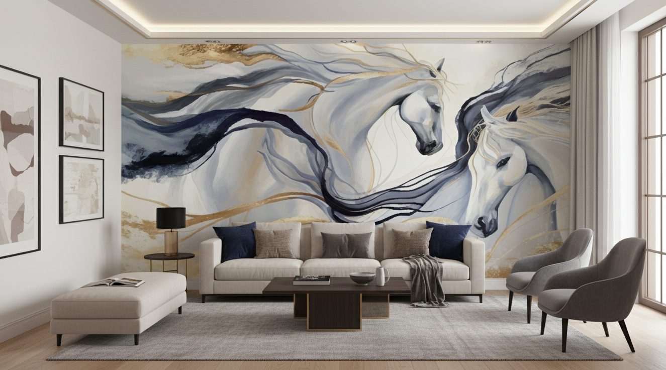 Elegant White Horses Wall Art Mural