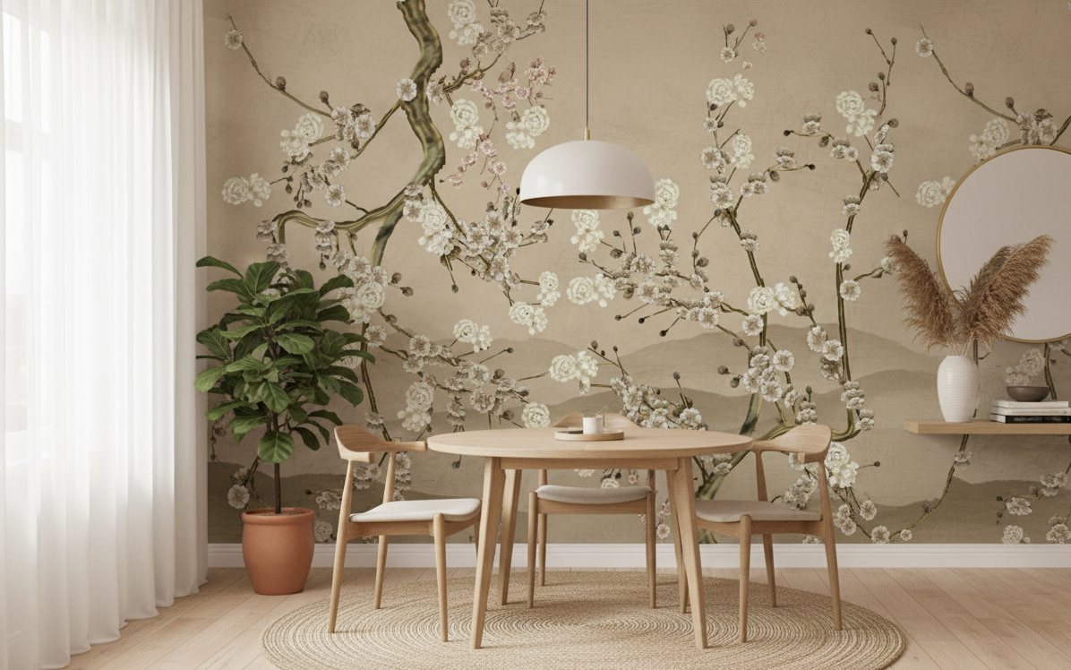 Dining room with floral wallpaper, wooden table, and chairs.