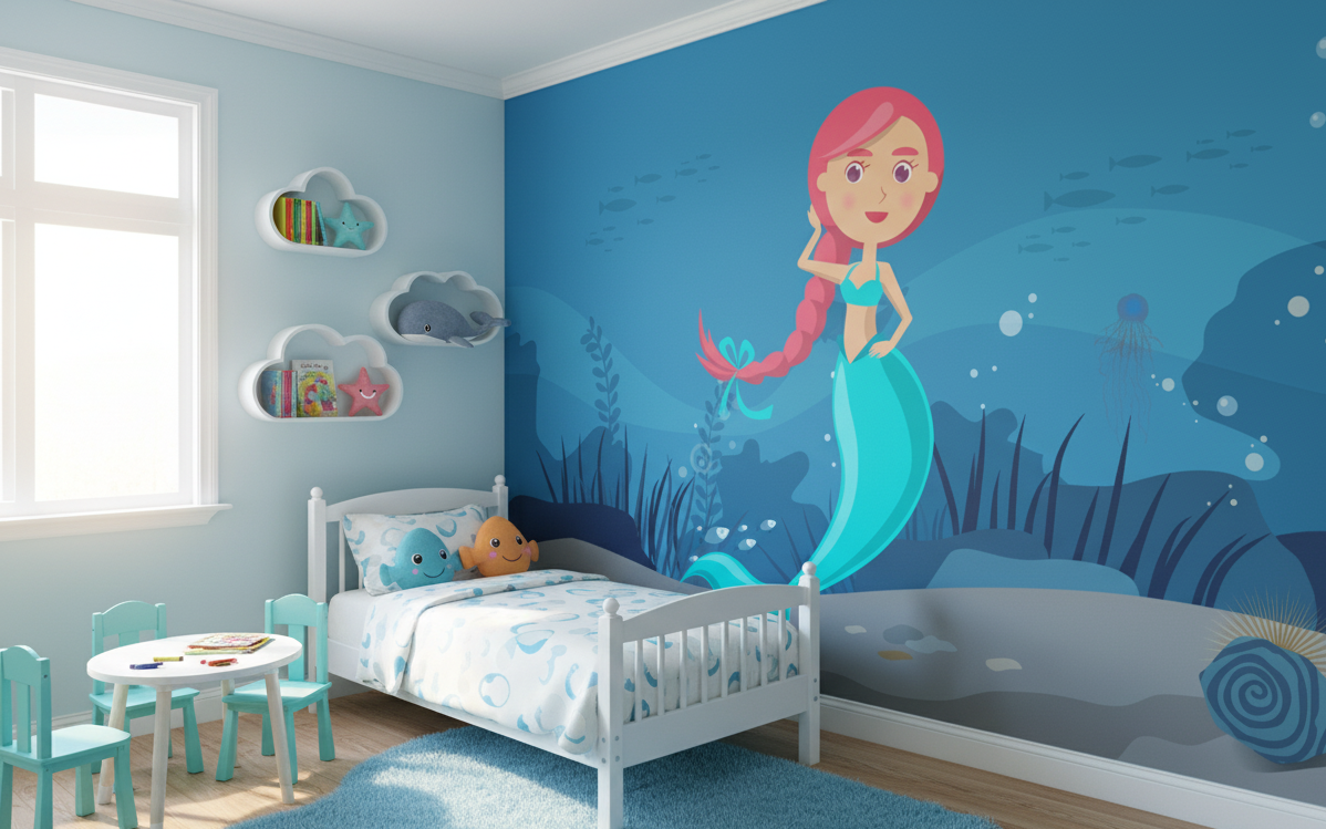 Children's bedroom with mermaid mural on the wall