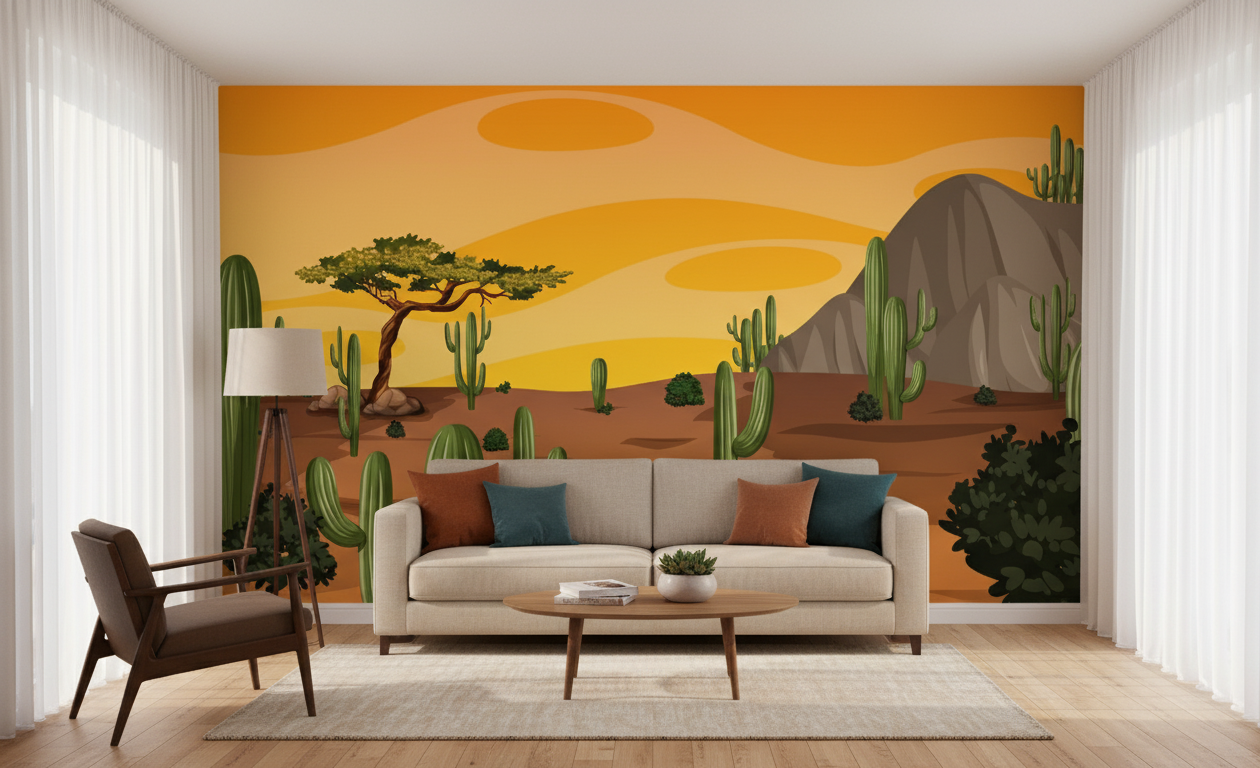 Living room with a desert mural on the wall, featuring a sofa, armchair, and coffee table.
