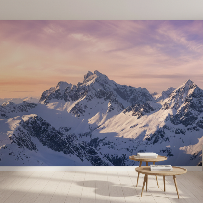 Snowy Mountain Peak Sunset Wall Mural, Photorealistic