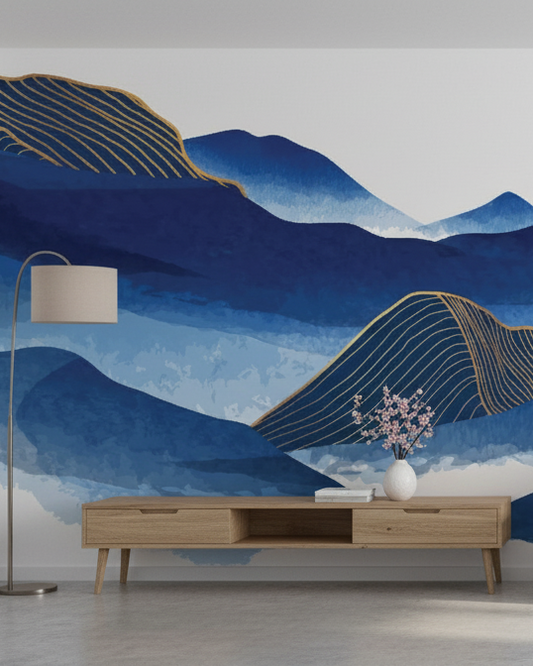 Living room with a large wall mural of blue mountains.