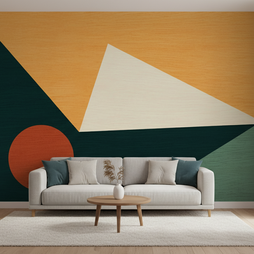 Geometric Harmony Mural, Abstract Shapes in Mustard, Rust & Deep Green