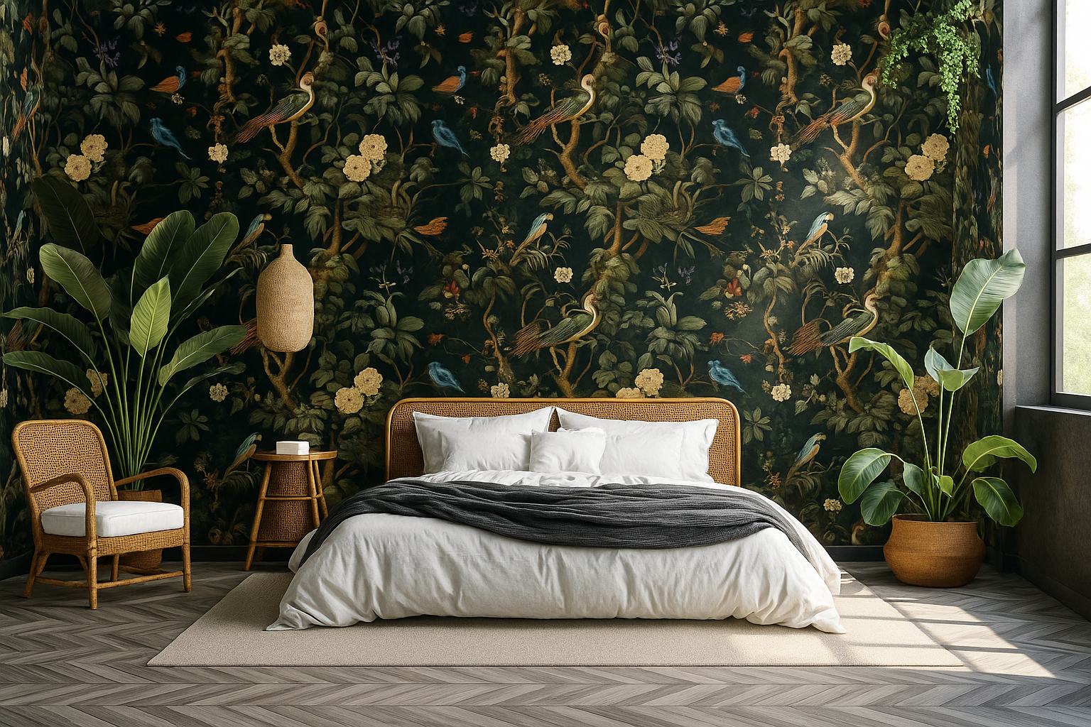 Bedroom with floral wallpaper, bed, and decorative plants