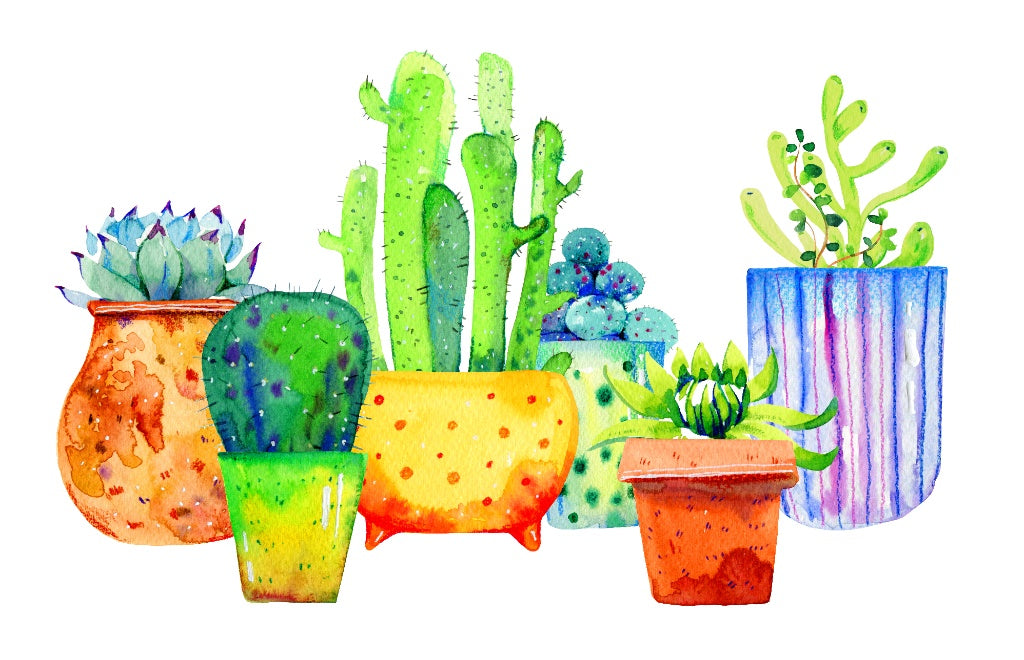 Whimsical Watercolor Potted Cactus Mural - Bright Neon Succulent Wall Art