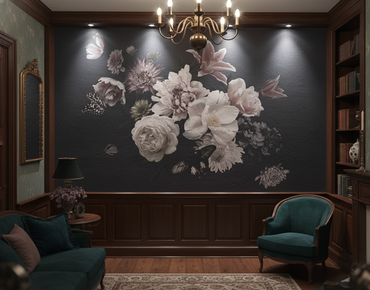 Decorative floral mural on a wall in an elegant room with furniture and lighting.