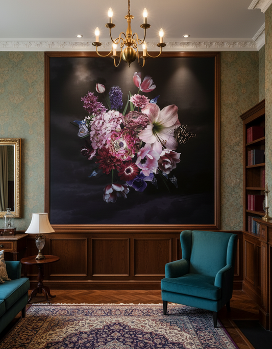 Living room with a large floral painting on the wall, teal chairs, and decorative elements.