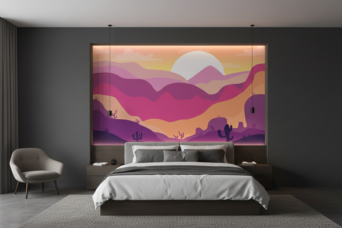 Modern bedroom with a colorful desert mural on the wall