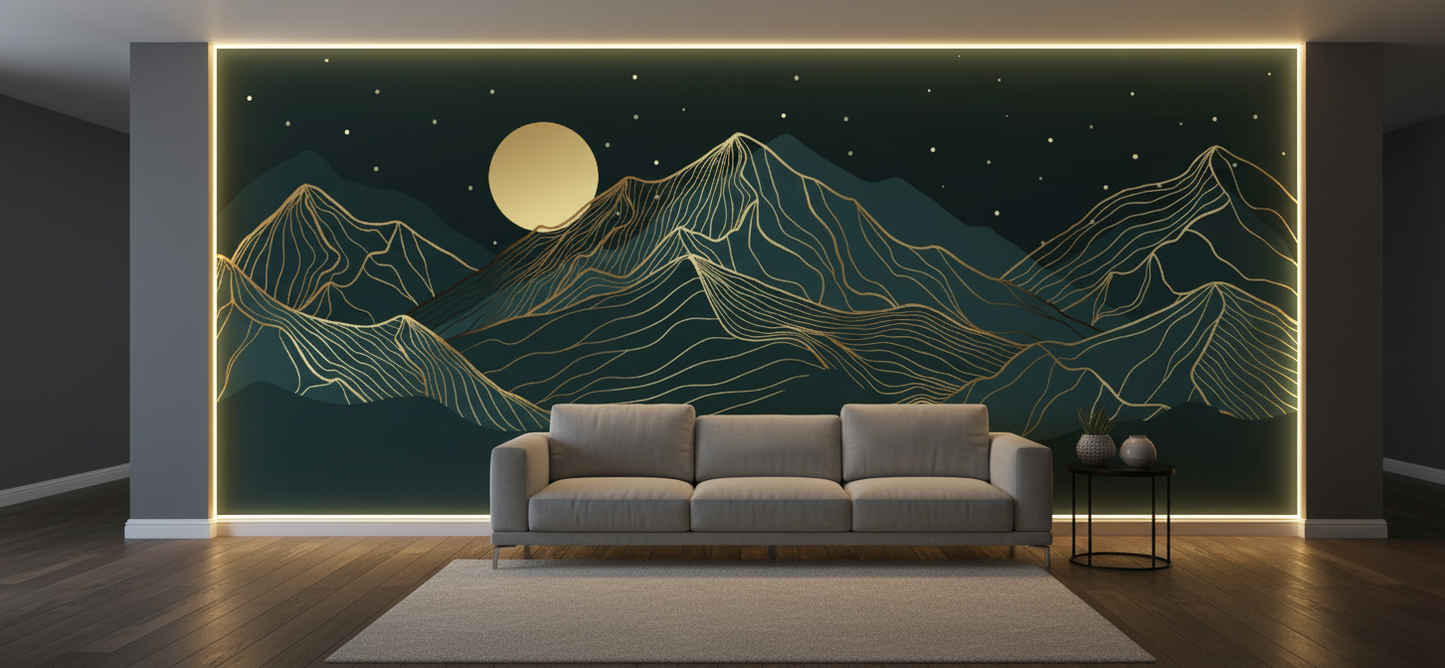 Modern living room with a gray sofa against a wall featuring a mountain and moon design.
