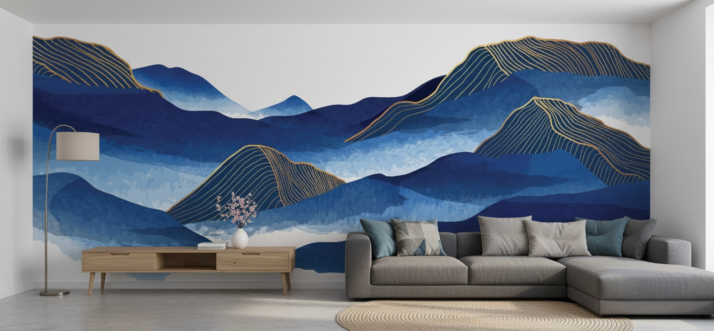 Living room with a large wall mural of blue mountains.